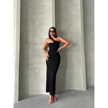 Krinkıl tek omuz uzun elbise siyah s25455