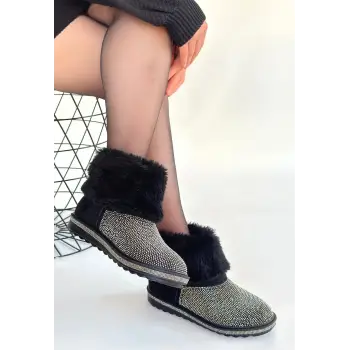 Linka Siyah Süet Gümüş Boncuk İşlemeli Bot