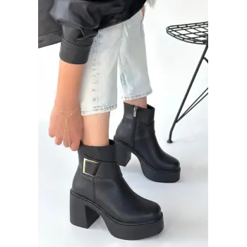 Lonji Siyah Cilt Topuklu Bot