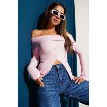 Madonna Yaka Düğmeli Bluz pembe t4329