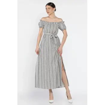 Madonna yaka midi yırtmaçlı kuşaklı keten elbise