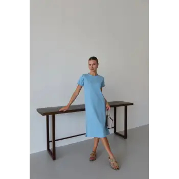 Modal yırtmaçlı elbise mavi pt