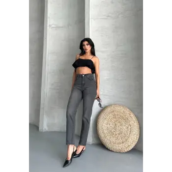 Mom fit enzim taş yıkama jeans pantolon füme d2006