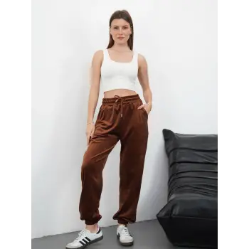 Paça lastikli kadife eşofman kahve md34