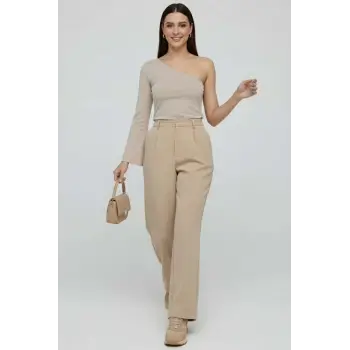 Tek Omuzlu Basic Bluz Vizon T4275