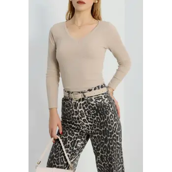 V yaka kaşkorse bluz bej a3699