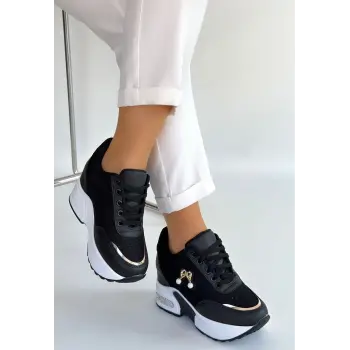 Wody Siyah Cilt Simli Bağcıklı Spor Ayakkabı