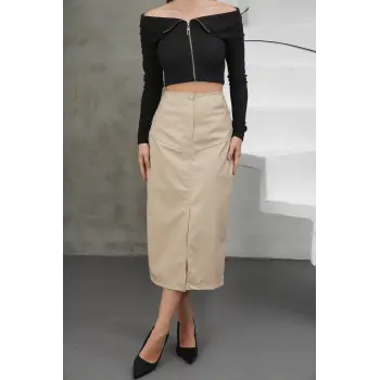 Yırtmaçlı uzun deri etek bej