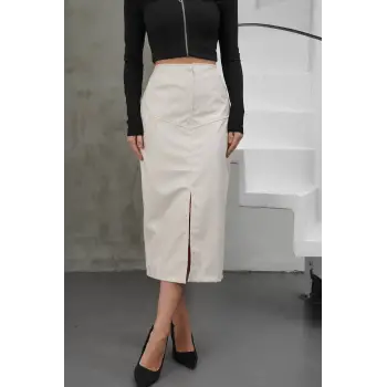 Yırtmaçlı uzun deri etek krem