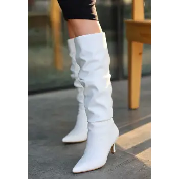 Zelya Beyaz Cilt Topuklu Çizme