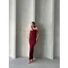 Krinkıl tek omuz uzun elbise bordo s25455