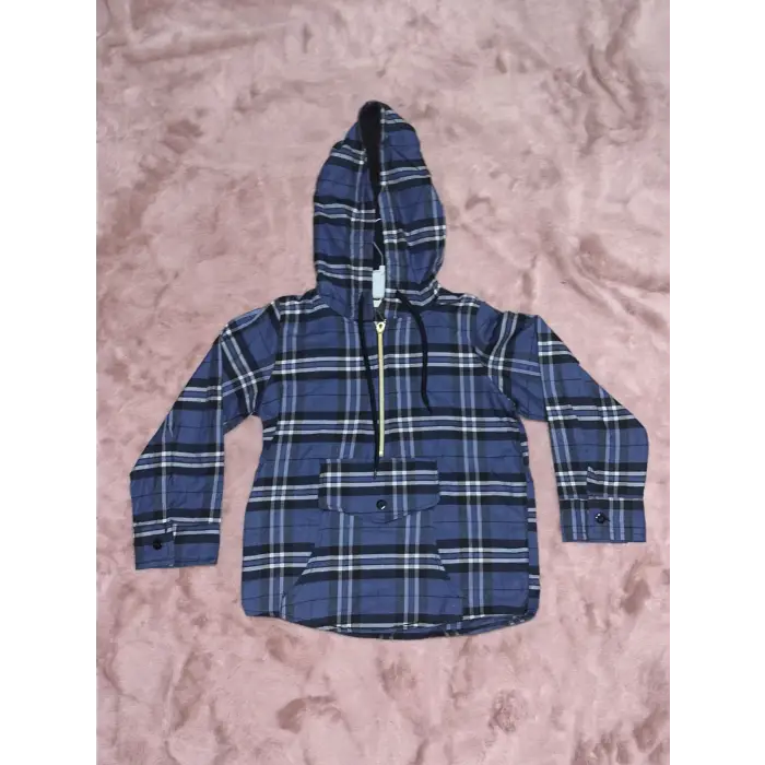 5-10 yaş ekoseli yarım fermuarlı kanguru cep kapşonlu ceket mavi