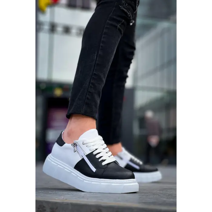 KB-X155 Kuback Siyah Cilt Beyaz Cilt Detaylı Beyaz Yüksek Taban Günlük Spor Ayakkabı