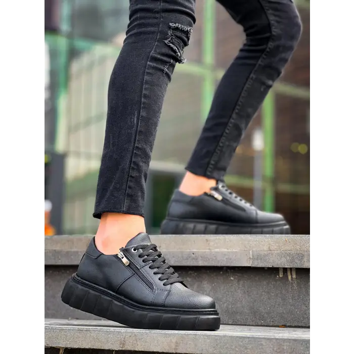 KB-X155 Kuback Siyah Cilt Detaylı Siyah Yüksek Taban Günlük Spor Ayakkabı