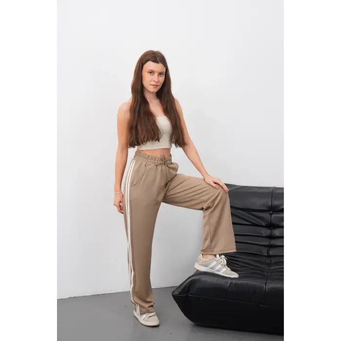 Yandan çift şeritli pantolon vizon