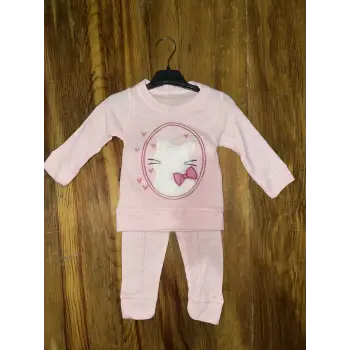 3-12 aylık kedi desen işlemeli takım pembe