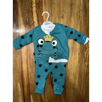 3-12 aylık kurbağa desenli üçlü takım koyumavi