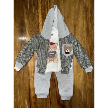 6-24 aylık ceketli kapşonlu üçlü takım gribeyaz