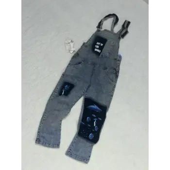 8-9 yaş kız çocuk jeans tulum baskılı buz mavi