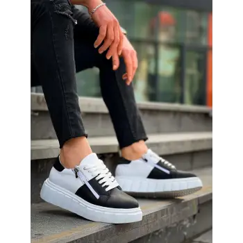 KB-X155 Kuback Siyah Cilt Beyaz Cilt Detaylı Beyaz Yüksek Taban Günlük Spor Ayakkabı