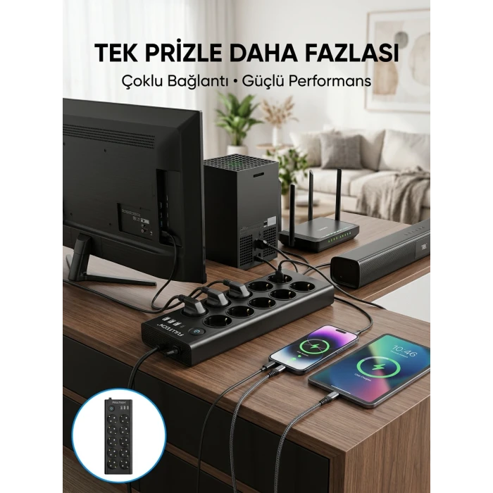 10 Prizli USB Destekli Çoklu Priz Type-C Şarj Girişli Güvenli Güç Ünitesi