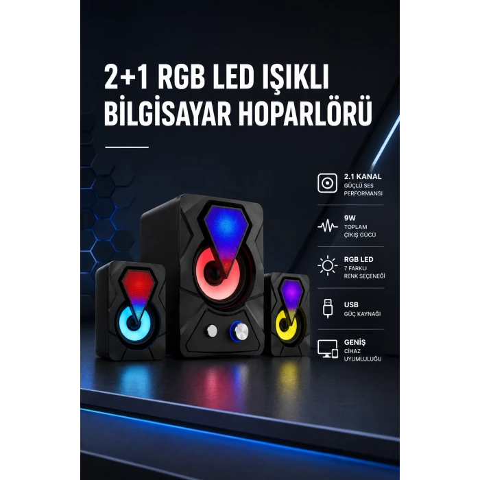 2+1 RGB LED Işıklı Güçlü Bas Sistemli Bilgisayar Hoparlörü