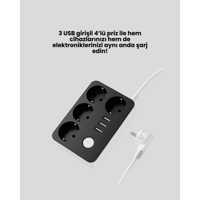 3 USB Çıkışlı 4’lü Akıllı Priz 2500W 2 Metre Kablo