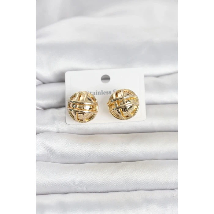 316L Çelik Gold Renk Desenli Top Model Kadın Küpe