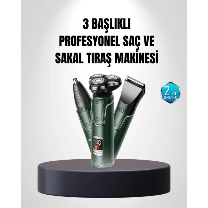 3D Akıllı Kesim Teknolojili Şarjlı Tıraş Seti – 3 Başlıklı, Paslanmaz Çelik Bıçaklı