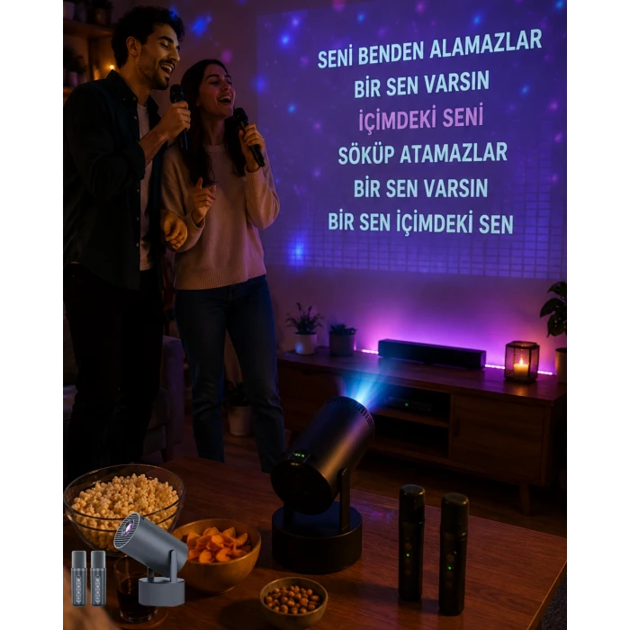 3ü 1 Arada Karaoke ve Projeksiyon Sistemi Çift Mikrofon Destekli
