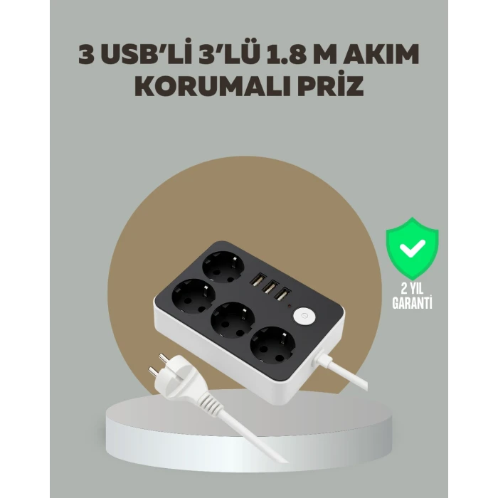 4 Prizli 3 USB Portlu Anahtarlı Akım Korumalı Priz