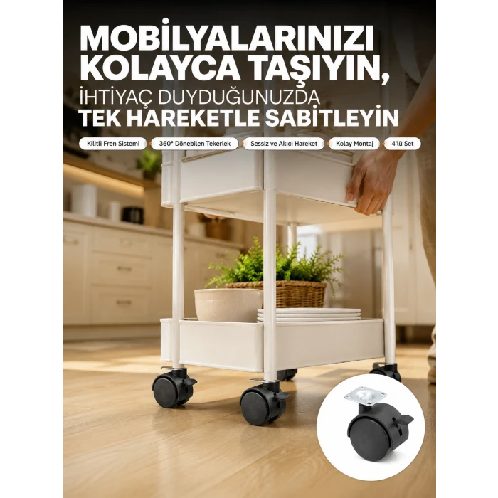 4’lü Kilitli Tekerlek Ayak 4 cm Sessiz ve Dayanıklı
