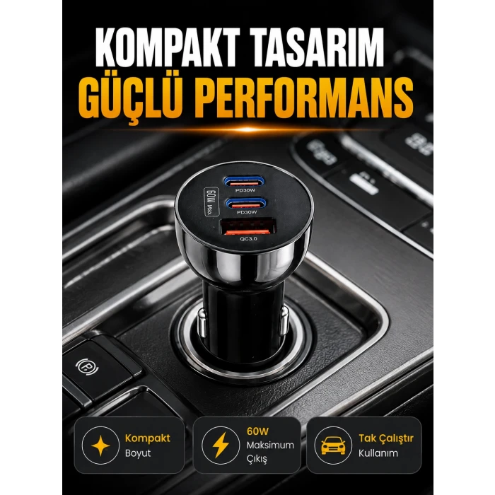 60W Araç İçi Hızlı Şarj Adaptörü Çift USB-C PD ve USB-A QC3.0