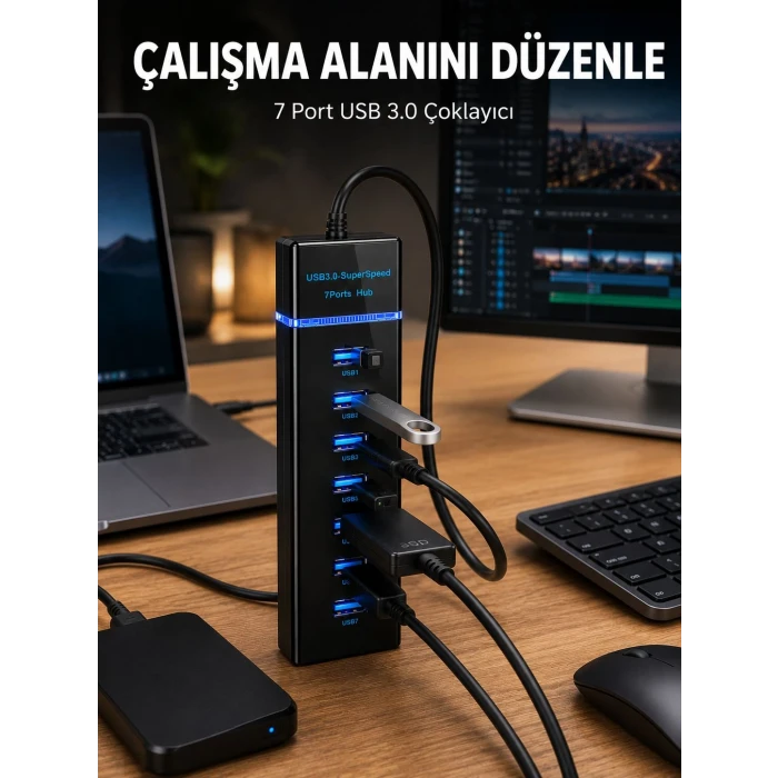 7 Girişli USB 3.0 Hub 5Gbps LED Göstergeli USB Çoğaltıcı