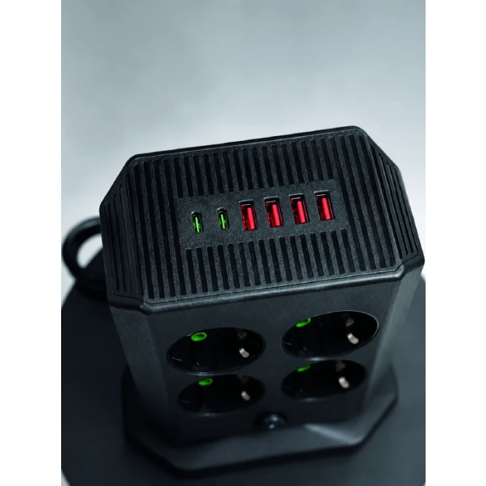 8li Dikey Çoklu Priz 4 USB 2 Type-C Akım Korumalı Anahtarlı Priz