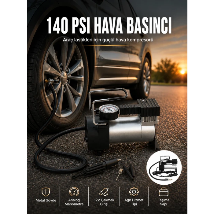 Ağır Hizmet Tipi Oto Kompresör 140 PSI Manometreli