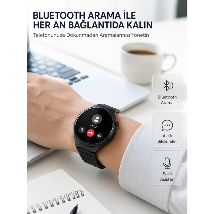 Akıllı Saat Android ve iOS Uyumlu Bluetooth Arama, AMOLED HD Ekran ve 3lü Kordon Seti