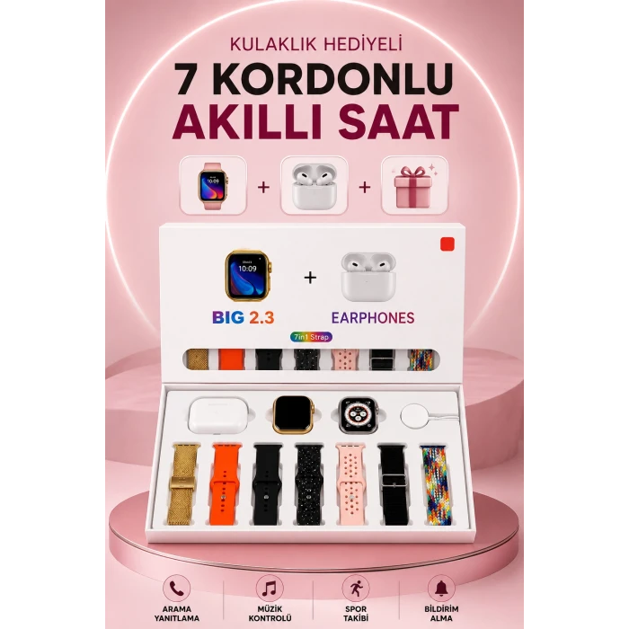 Akıllı Saat Bluetooth Kulaklık Hediyeli Bildirim Görme Sesli Görüşme Çoklu Kordon