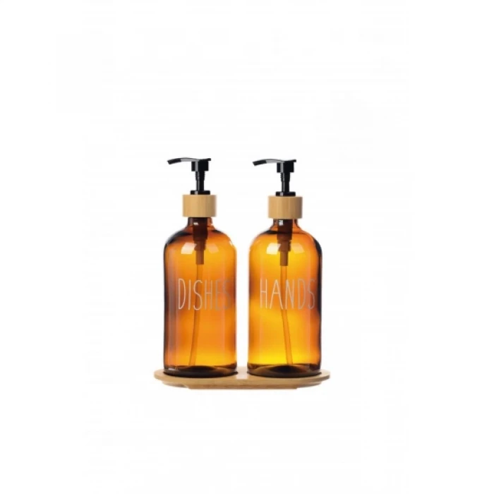 Amber Cam İkili Sıvı Sabunluk Seti 500 ml Bambu Altlıklı