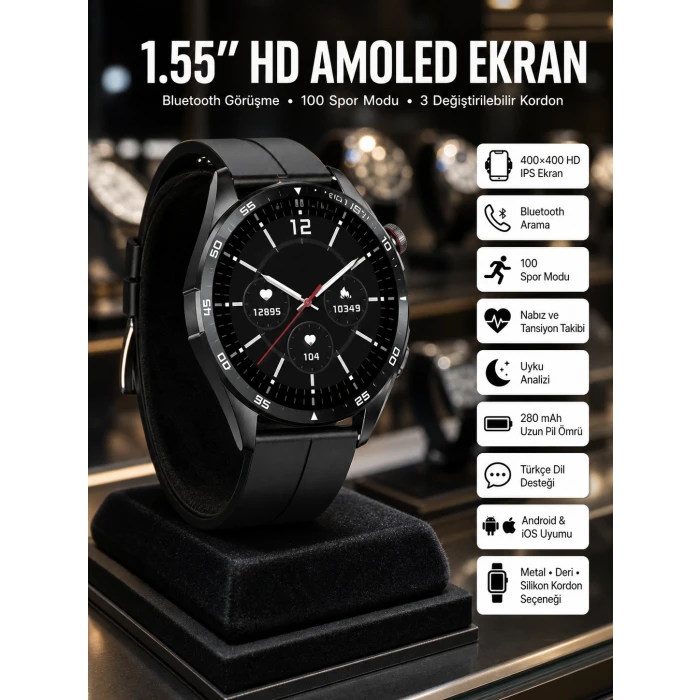 Amoled Ekran 3 Kordonlu Akıllı Saat 5.0 Bluetooth Bağlantılı Android ve İOS Uyumlu