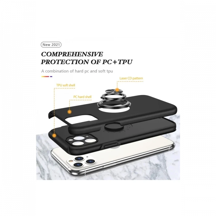 Apple iPhone 11 Pro Max Kılıf Elit Yüzüklü Kapak - Siyah