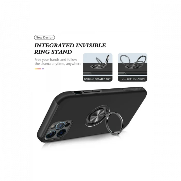 Apple iPhone 12 Pro Max Kılıf Elit Yüzüklü Kapak - Siyah