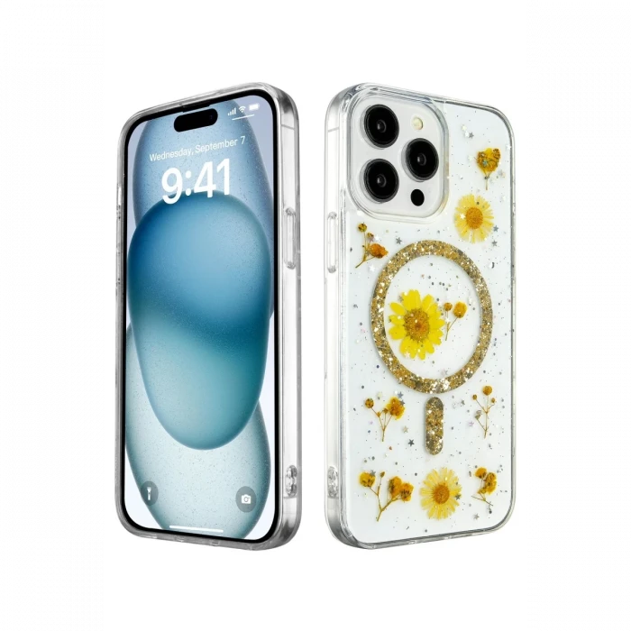 Apple iPhone 14 Pro Max Kılıf Daisy Simli Magsafe Kapak - Gold