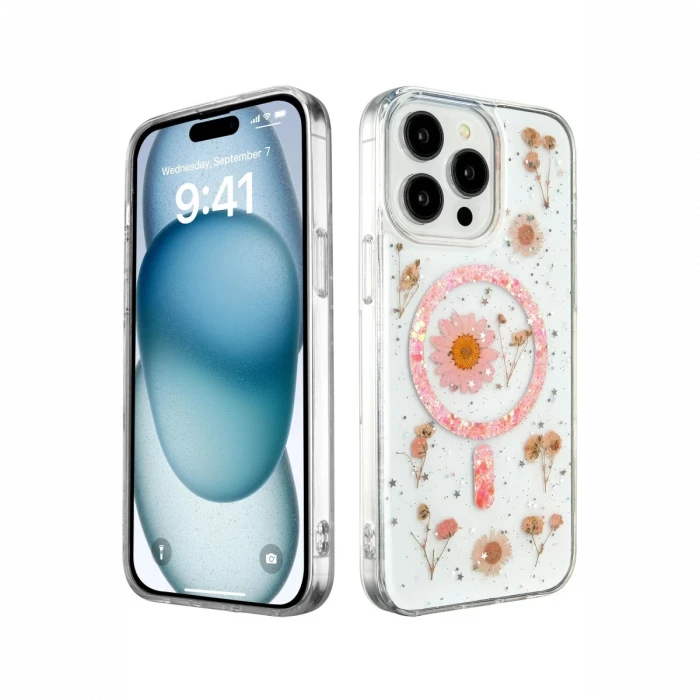 Apple iPhone 14 Pro Max Kılıf Daisy Simli Magsafe Kapak - Pembe