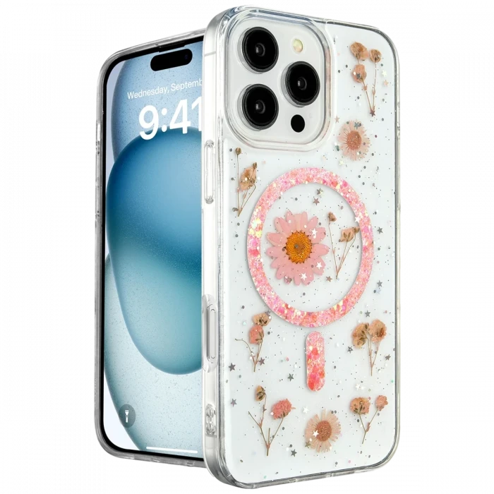 Apple iPhone 16 Pro Max Kılıf Daisy Simli Magsafe Kapak - Pembe