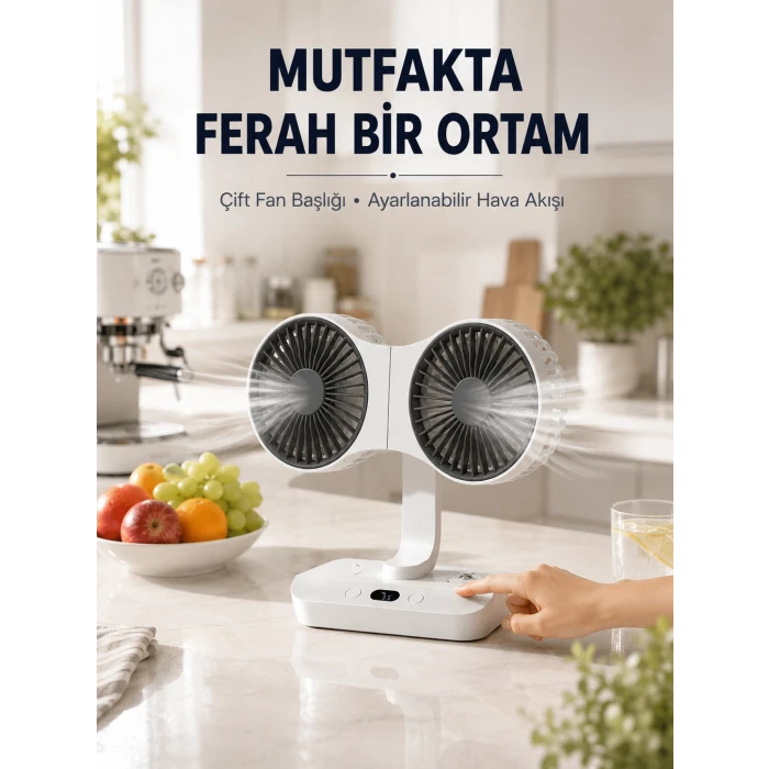 Ayarlanabilir Çift Fan Başlıklı Şarjlı Masa Vantilatörü
