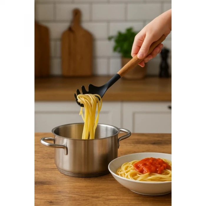 Bambu Saplı Silikon Spagetti Makarna Servis Kaşığı Siyah