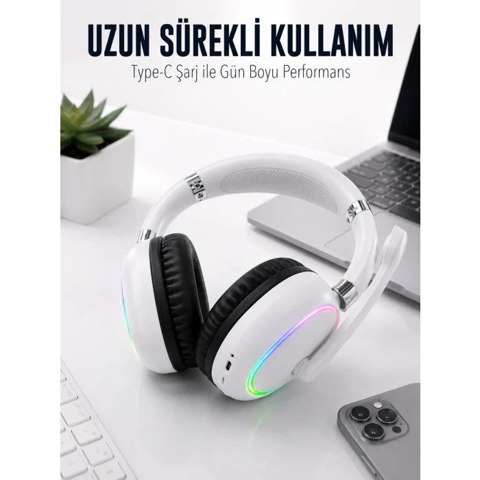 Beyaz Bluetooth 5.0 Mikrofonlu Kablosuz Kulak Üstü Kulaklık RGB Işıklı Type-C Şarjlı