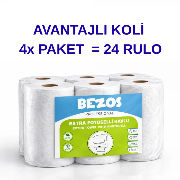 Bezos Professional Fotoselli Havlu 24 Rulo – 2 Katlı %100 Selüloz 21 cm Endüstriyel Kağıt Havlu 4X6 Rulo