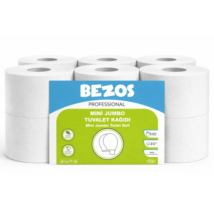 Bezos Professional Mini Jumbo Tuvalet Kağıdı 36 Rulo | 2 Katlı | %100 Selüloz | Endüstriyel & Ev Tipi Kullanım 3X12RULO